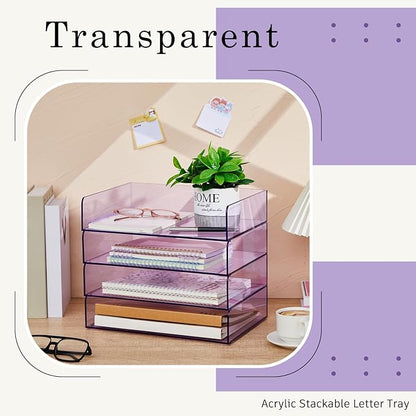 Harloon 4 Tier Acrylic Paper Tray 12.4 x 8.7 x 2.7 Inches Stackable Letter Clear Organizer No Need to Assemble Acrylic Paper File Organizer for Office Workspace Desktop Storage (Transparent Purple)