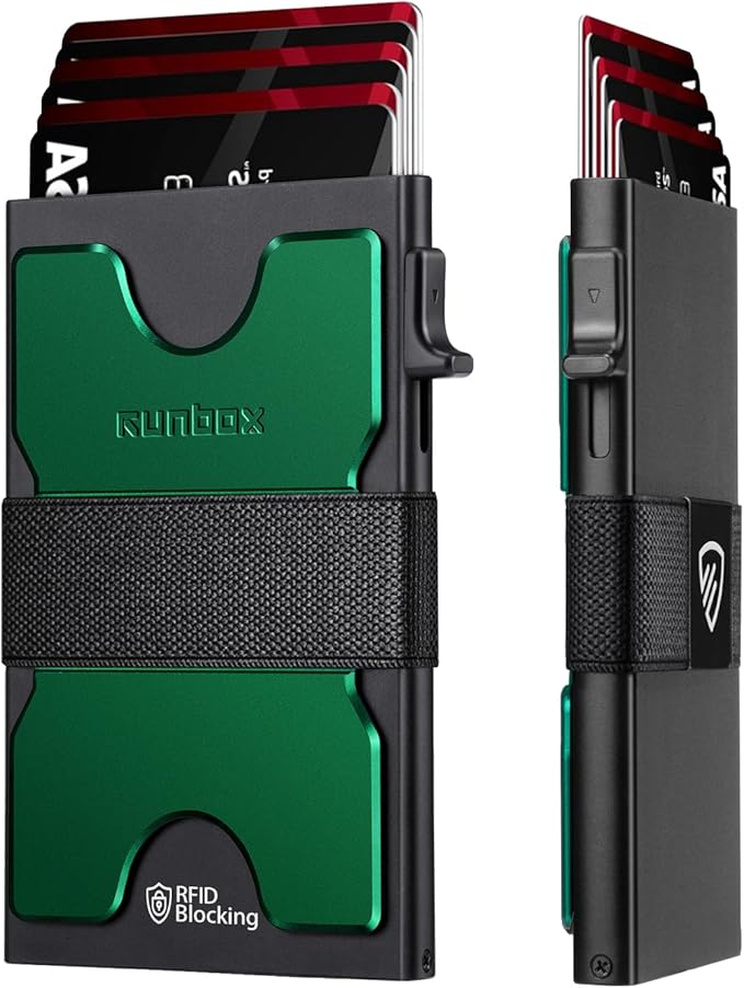 RUNBOX Slim Card Holder Wallet for Men, Minimalist RFID Blocking Wallet with Pop-Up Function, Ultra-Thin Design, Metal Business Card Cases holds 6+6 Cards, Gifts for Men, Men's Accessories