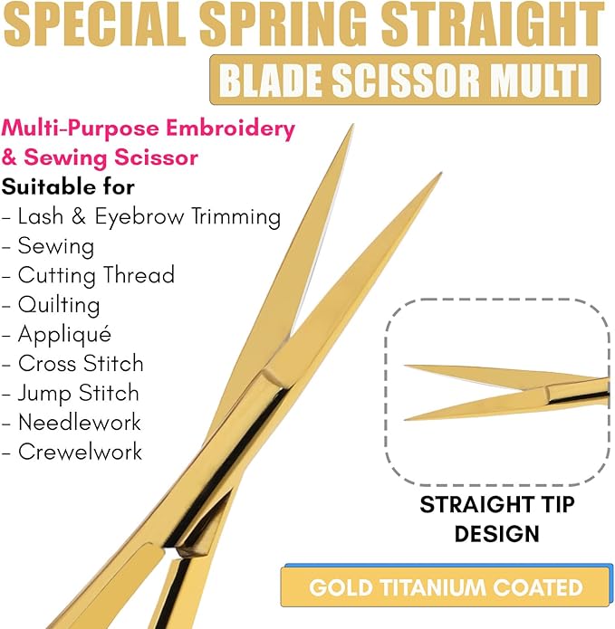 Cross Edge Spring Scissors 5 Inch straight Stainless Steel Precision Eyebrow & Eyelash Shaping & Trimming Scissor, Snips Squeeze, Embroidery, Knitting Micro Tip Craft Scissors (Gold)