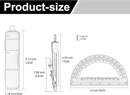6 Sets Compass and Protractor Sets Student Basics Geometry Math Set Metal Compass and 6 Inch 180 Degree Protractors Geometry Graphing Drawing Tools For Office and School Supplies(clear)