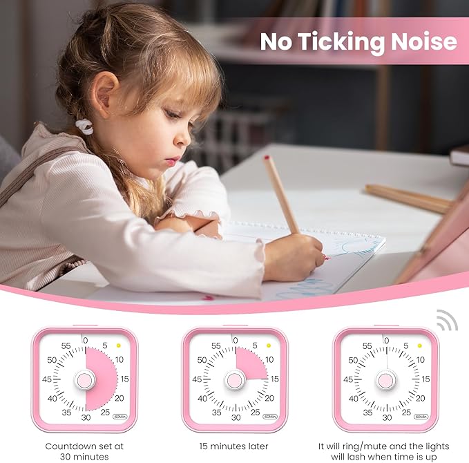 Visual Timer for Kids with Pause Function, 60 Minute Countdown Timer for Kids Desk Study, Teaching, Kitchen Cooking, Office Meetings, Time Management for ADHD (Pink)