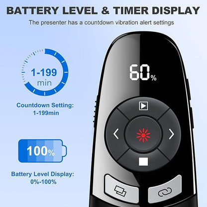 Presentation Clicker for PowerPoint with Red Laser Pointer and Timer, Wireless Clicker for Laptop Presentations Remote, Power Point Remote Clicker for Computer/Mac/PPT/Google Slide Advancer