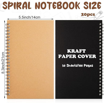 Eersida 20 Pack A5 Spiral Notebook College Ruled Spiral Notebook Bulk 5.5 x 8.3 Inch Hardcover Notepads Lined Travel Writing Journal Notepad, 50 Sheets 100 Pages(Black, Kraft)