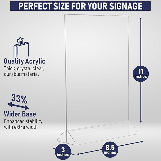 Acrylic Sign Holder 8.5 x 11, T-Shape Menu Holder with Bottom-Loading Design, Plastic Stands for Brochures, Flyers, Menus, and Displays. Double-Sided Display Stand for Tabletop Signs and More (6 Pack)