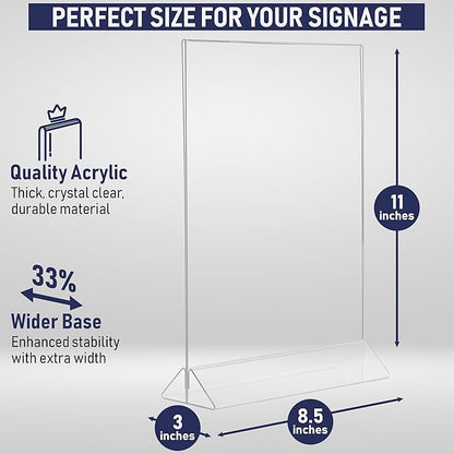 Acrylic Sign Holder 8.5 x 11, T-Shape Menu Holder with Bottom-Loading Design, Plastic Stands for Brochures, Flyers, Menus, and Displays. Double-Sided Display Stand for Tabletop Signs and More (6 Pack)