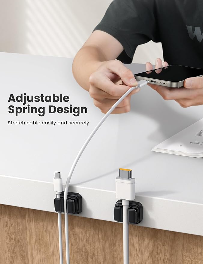 Lamicall 6Pack 3-in-1 Cord Spring Clip Holder - Small Clips for Desk Cable Organizer, Adhesive Adjustable Cable Holder for Charger Wire, USB Cord, Office, Car, Cord Management, Desk Accessories
