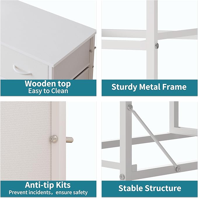 LUMTOK 10-Drawer Dresser, Fabric Storage Dressers Drawers for Bedroom, Hallway, Nursery, Closets, Steel Frame, Wood Top, Easy Pull Handle (White)