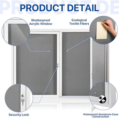 SWANCROWN Weather Resistant Enclosed Bulletin Board Gray Fabric Displays Boards Wall Mounted Notice Board with Aluminum Frame,48x34 inches