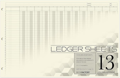 BookFactory Ledger Sheets/Large 13 Column Accounting Ledger Columnar (Thirteen Columns) Loose Leaf Paper - 17'' x 11'', 50 Pages, Loose Leaf, 3 Hole Punched (Made in USA)