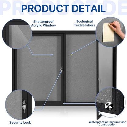 SWANCROWN Enclosed Bulletin Board 48x36in, Outdoor Bulletin Board Weatherproof for Office School Commerce, Grey Felt, Black Aluminum Frame
