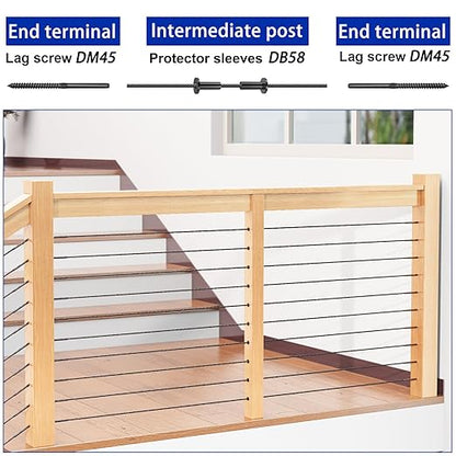 Steel DN Mate 100 Pack Cable Railing Protector Sleeves for 1/8” Deck Railing System, Black Cable Railing Kit Hardware for Wood Post, T316 Stainless Steel Marine Grade DB58