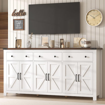 71" Large Sideboard Buffet Cabinet with Storage, Modern Farmhouse Coffee Bar with 3 Drawers and 6 Barn Doors, Dining Room Storage Cabinet, for Kitchen, Living Room, White Wood