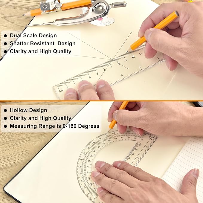 120 Pieces Geometry Math Set Compass for Geometry Math Compass and Protractor Set Include Metal Compass with Pencil Plastic Ruler and Protractor for Student School Office Woodworking Drawing Tools