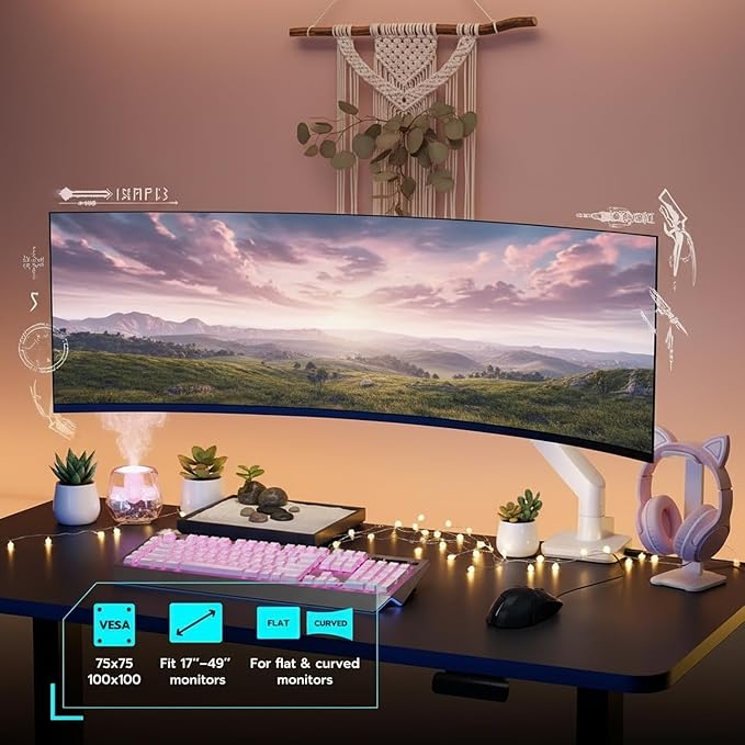 ARES WING Ultrawide Monitor Arms White with USB A/C, Heavy Duty Monitor Arm for 17 to 49 inch Screen, Holds 44 lbs, Adjustable Gas Spring Desk Mount with Clamp and Grommet Base