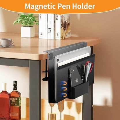 Henitol Desk Side Storage with Pen Holder, No Drill Hanging Desk Organizer Under Desk Storage Mount, Clamp-On Laptop Holder Table Side Tray Desktop Organization for Office and Home (Black)