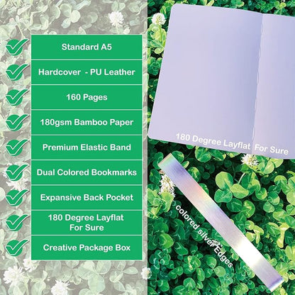 BUKE Dotted Notebook Journal 180GSM Bamboo Thick White Paper 160 Pages 5 * 5MM Dot Grid, Lay Flat Binding,Colored Silver Edges, Bookmarks and Expandable Back Pocket (BKP-8)