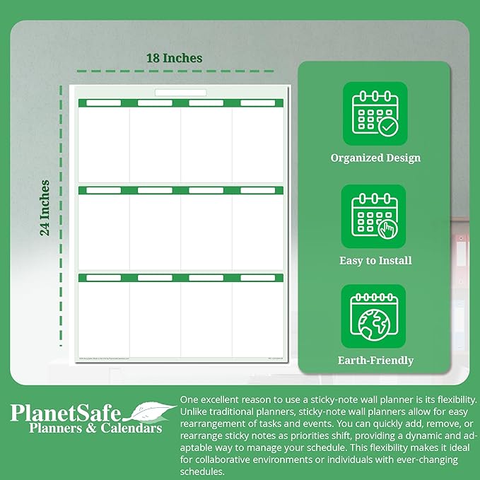 Earth Green12 Section Task, Objective and Goals Planning System Vertical 24"x 18". Wall Tray, Dry-Erase Marker, Eraser and 600 Sticky-Notes