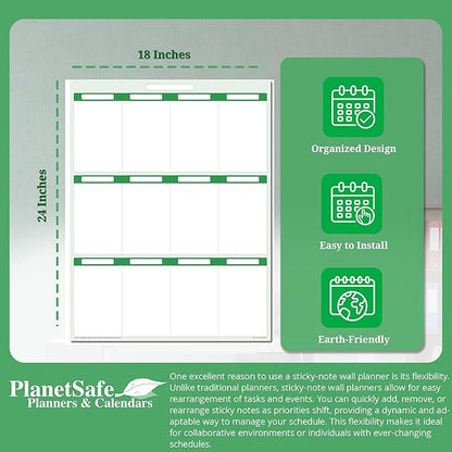 Earth Green12 Section Task, Objective and Goals Planning System Vertical 24"x 18". Wall Tray, Dry-Erase Marker, Eraser and 600 Sticky-Notes