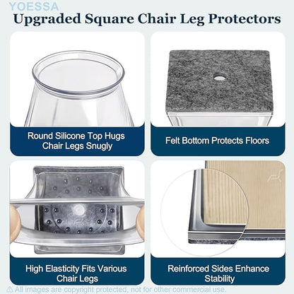 32 Pcs Square Chair Leg Floor Protectors, Clear Silicone Chair Leg Caps Covers Sliders for Hardwood & Tile Floors, Stay-On Tight Fit Design, Scratch-Free & Noise Reduction (S Fits: 3/4" to 1-1/16")