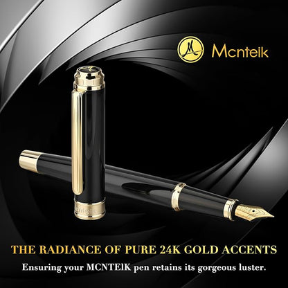 MCNTEIK 317 Fountain Pen,Stunning Luxury Black Piano Lacquer,18K Gilded Nib(Fine),Gorgeous 24K Gold Finish, Ink Converter,Fancy Gift for Men&Women-Elegant,Executive,Office,Nice Pens for Writing