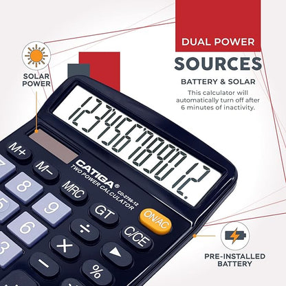 CATIGA Desktop Calculator (2 Pack) 12 Digit with Large LCD Display and Sensitive Button, Solar and Battery Dual Power, Standard Function for Office, Home, School, CD-2786 (Black/Silver)