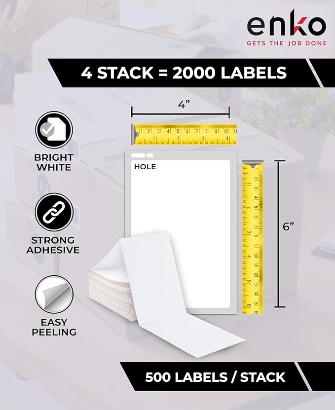 enKo Products - 4" x 6" Fanfold Direct Thermal Labels - White Shipping Labels, Perforated, Permanent Adhesive for Rollo, Zebra Printers (4 Stack, 2000 Labels) 500 Labels/Stack - Commercial Grade