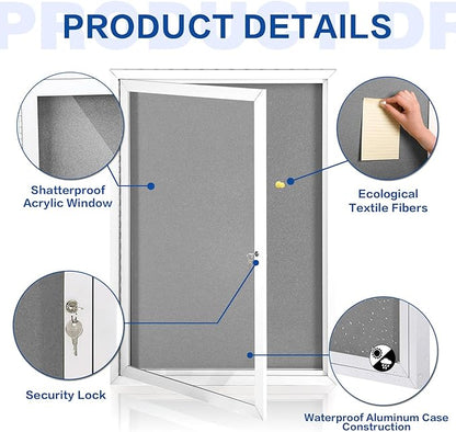 SWANCROWN Enclosed Bulletin Board Grey Felt Displays Boards Weather Resistant Wall Mounted Notice Case,28x20inches
