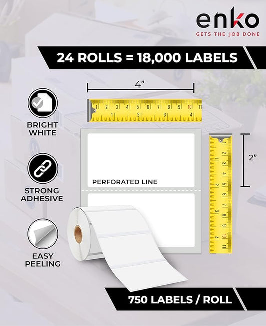 enKo 4" x 2" Labels for Zebra Desktop Printers (24 Rolls | 18,000 Labels) - Direct Thermal Address Mailing Shipping Barcode FBA Stickers FNSKU Label for Zebra and Eltron (Perforated)