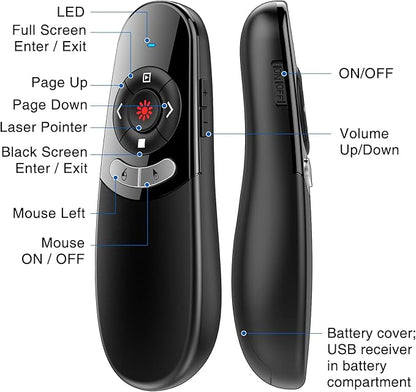 DINOSTRIKE 2 in 1 Type C and USB Presentation Clicker with Air Mouse Control, RF 2.4GHz Wireless Presenter Remote PowerPoint Clicker Slide Pointer Advancer for Computer Laptop Classroom Office