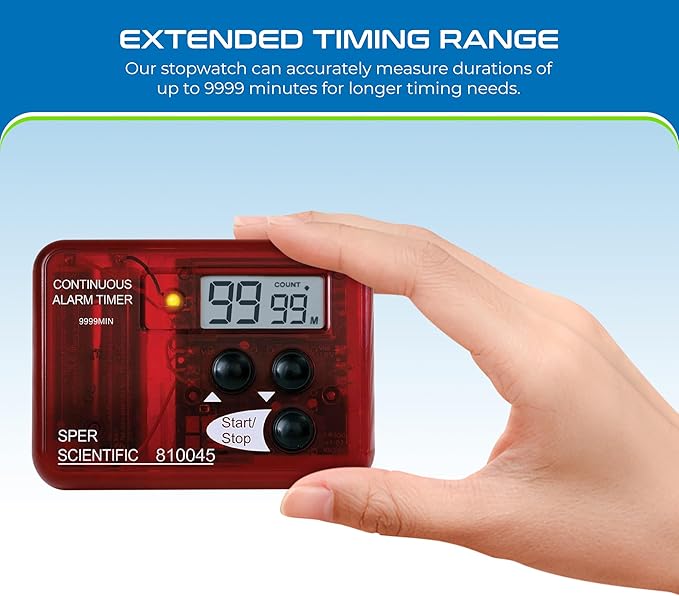 Sper Scientific Continuous Alarm Timer with Count Up Count Down & Visual Indicator 810045 - Bright LED Alarm & 9999-Minute Range - Portable Design for Cooking, Experiments, Fitness & More - 4 pc