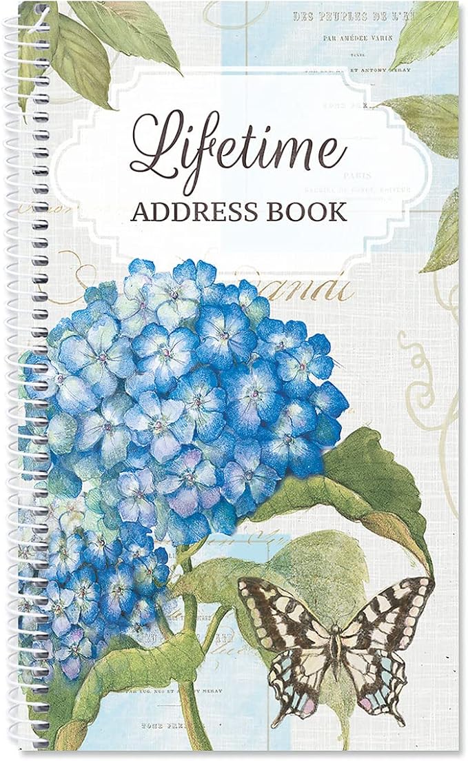 Current Hydrangea Address Book - 94 Pages; Small 5" x 8-1/2" Size for Purse or Office, Spiral Bound Soft Cover Organizer for Contacts, Addresses, Email, & Phone Numbers + 50 Replacement Stickers