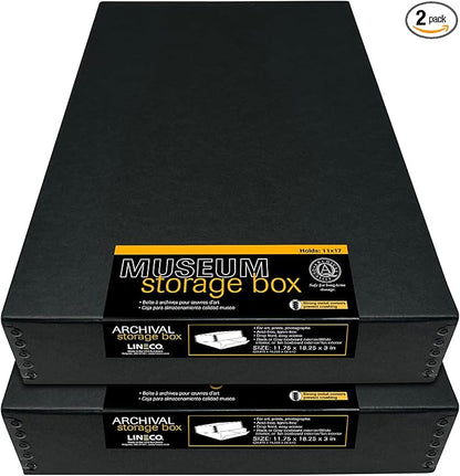 Lineco Museum Archival Storage Box, 11.75x18.25x3 in. Drop Front Design. Acid-Free with Metal Edge. Organize Photos, Pictures, Prints, Documents, Crafts, DIY. Black, 2Pack