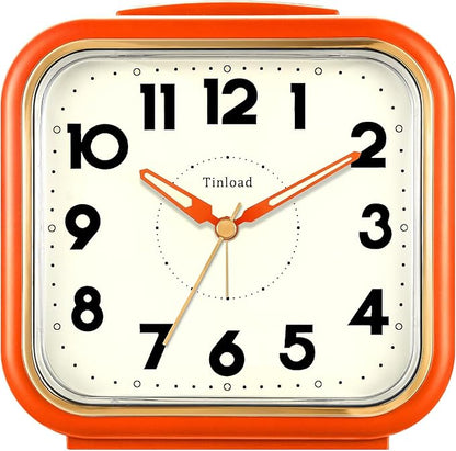 Tinload 5.5" Large Analog Alarm Clock • Silent Non Ticking • Gentle Wake • Beep Sounds • Increasing Volume • Battery Operated Snooze and Manual Light • Retro Orange