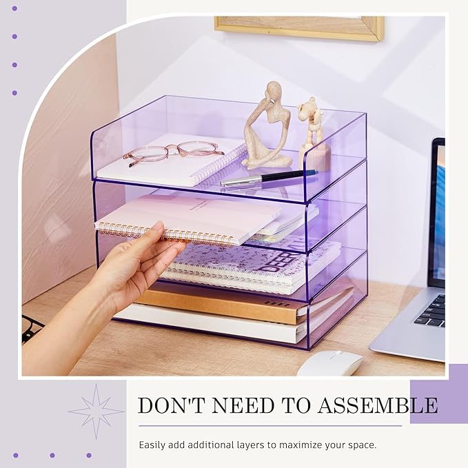 Harloon 4 Tier Acrylic Paper Tray 12.4 x 8.7 x 2.7 Inches Stackable Letter Clear Organizer No Need to Assemble Acrylic Paper File Organizer for Office Workspace Desktop Storage (Transparent Purple)
