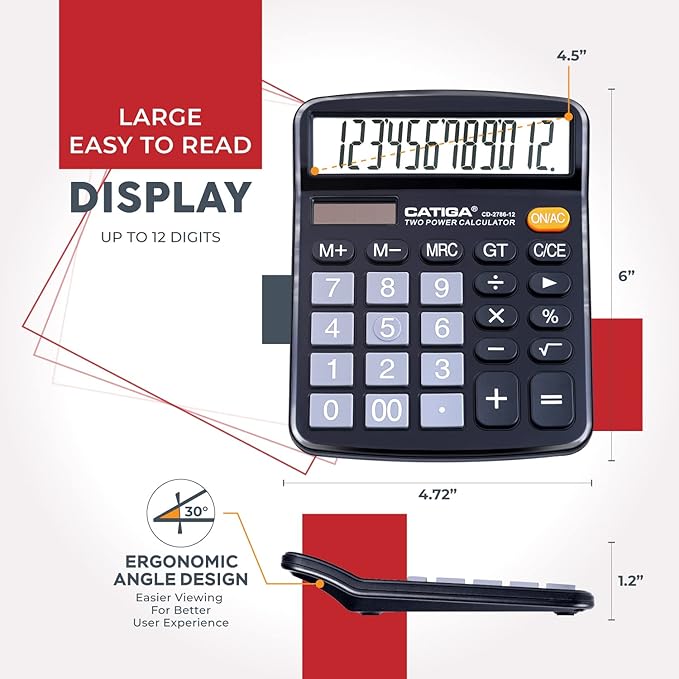 CATIGA Desktop Calculator (2 Pack) 12 Digit with Large LCD Display and Sensitive Button, Solar and Battery Dual Power, Standard Function for Office, Home, School, CD-2786 (Black/Silver)