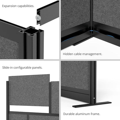 Stand Up Desk Store Expanse Modular Wall | 53'' x 70'' Wall | Expandable Partition Room Divider with Rearrangeable Frosted Acrylic & Sound Absorbent Panels (Black Frame)