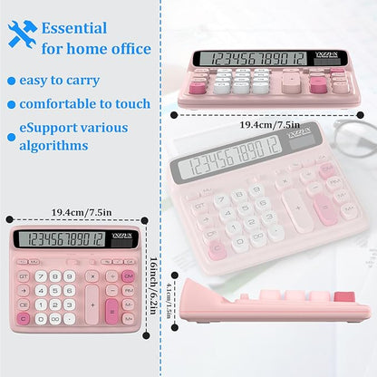 Desktop Calculator with Extra Large 5-Inch LCD Display, 12-Digit Two Way Power Solar & Battery Office Calculator with Big Buttons for Business, Accounting & Home Use(Pink)