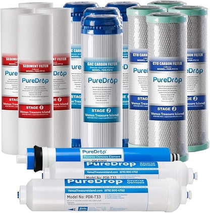PureDrop PDR-F15-50 Standard 5-Stage Replacement Cartridge for 50 GPD Reverse Osmosis Water Filter System 2-Year Replacement Filter Pack,15 Counts, 12x15x15