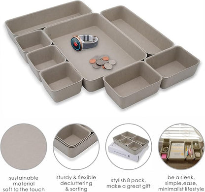 Welaxy Desk Drawer organizer trays Felt storage bin Sleek Minimalist Lifestyle chic aesthetics room décor for home office dorm closet decluttering 8-piece (Stone)