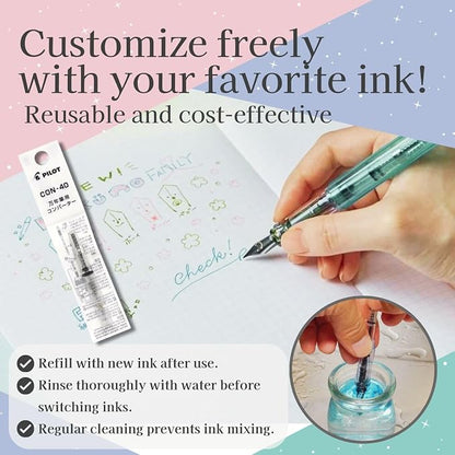 Fountain Pen Set CON-40 Converter & Kakuno Fine Nib with Black Ink Cartridge & Sticky Notes – Refillable Ink System, For Beginners, Calligraphy (Green FKA-1SR-KBOG-F)
