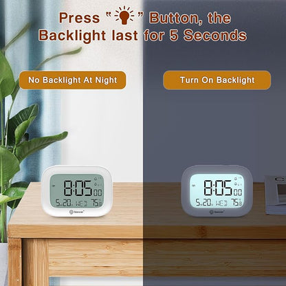Geevon Small Travel Alarm Clock, Digital Alarm Clocks for Bedrooms Home Office, Battery Operated Desk Clock with 3 Inch Large Display, 2 Alarms, 5s Backlight, Snooze, Indoor Temperature, White