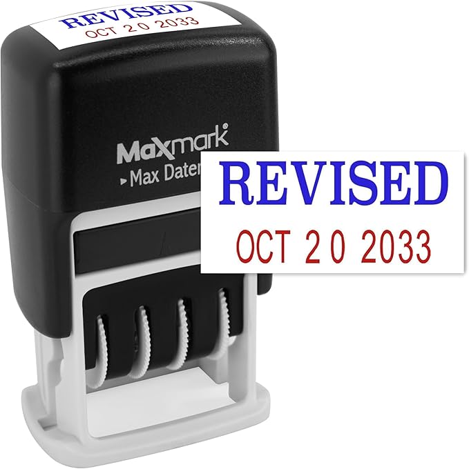 MaxMark Self-Inking Rubber Date Office Stamp with Revised Phrase Blue Ink & Date RED Ink (Max Dater)