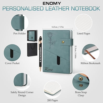 ENOMY Personalized Notebook & Pen Set PU Leather Custom A5 Notebook with Lock 200 Lined Paper Pages Luxury Gift Box for Men Women Travel College Business Gift, Light Blue