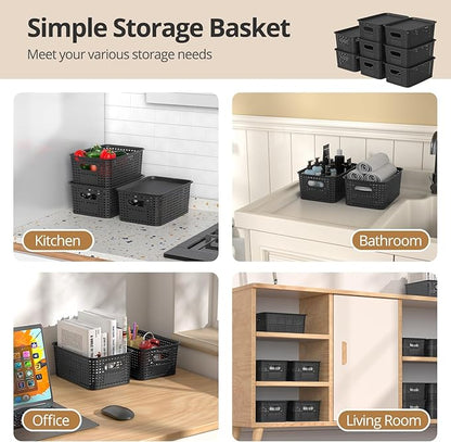 ZFTMRR Plastic Storage Basket with Lid, Stackable Small Box Bins for Organizing and Containers for Shelves Drawers Desktop Closet Playroom Pantry Classroom Office Home, 8 Pack 10.2x7.2x4.1 Inch, Black