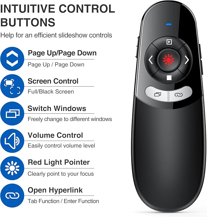 DINOSTRIKE 2 in 1 Type C and USB Presentation Clicker for Powerpoint Presentations,RF 2.4GHz Wireless Presenter Remote Slide Advancer with Volume Control for Mac Laptop Computer Office Classroom