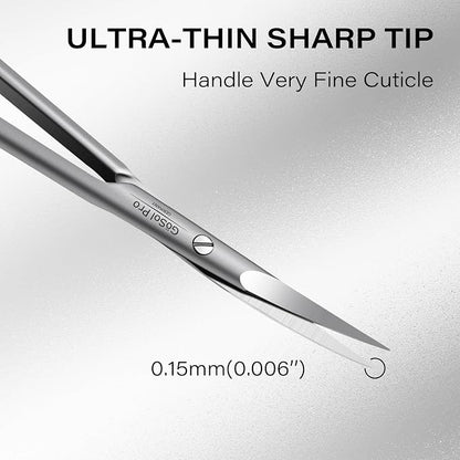Cuticle Scissors Extra Fine Curved, Professional Russian Style | Stainless Steel, High Precision, Pointed Tip Grooming Scissors, for Dead Skin; Eyebrows; Eyelash, Leather Case, Matte Silver