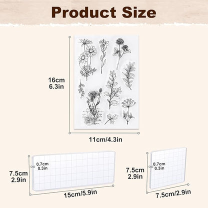 UCEC 8 Sheets Clear Stamps Set, 2 PCS Acrylic Stamp Block (15*5cm & 7.5*7.5cm), Vintage Plants Flower Rubber Silicone Stamps, Scrapbook Clear Stamp for Card Making & DIY Christmas Crafts Decoration