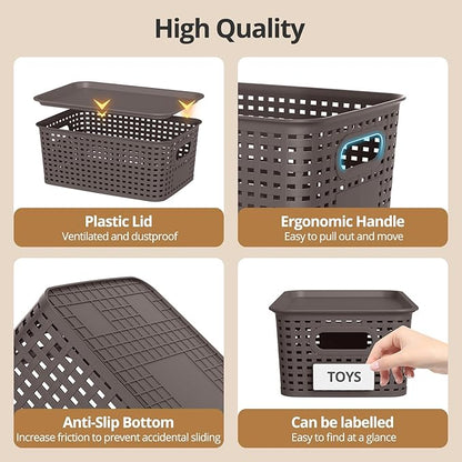 ZFTMRR Plastic Storage Basket with Lid, Stackable Small Box Bins for Organizing and Containers for Shelves Drawers Desktop Closet Playroom Pantry Classroom Office Home, 8 Pack 10.2x7.2x4.1 Inch, Brown