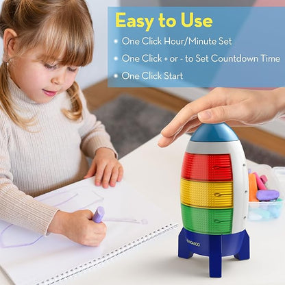 Countdown Timer! Blast Off Visual Timer for Kids with Audio Rocket, 0-24 Hour Countdown, Memory Function, Red Yellow Green Light, Easy Setup, Battery Operated for Classroom and Home Use