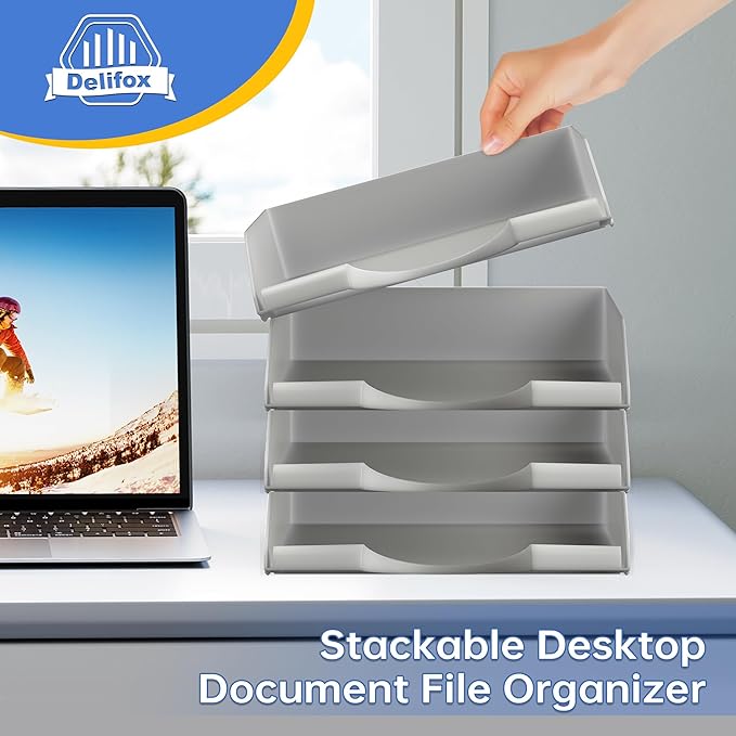 4 Pack Stackable Paper Trays for Letter Documents, Desktop File Organizers for Office Supplies, Stackable Desk Tray Holder for Paper Storage, Gray